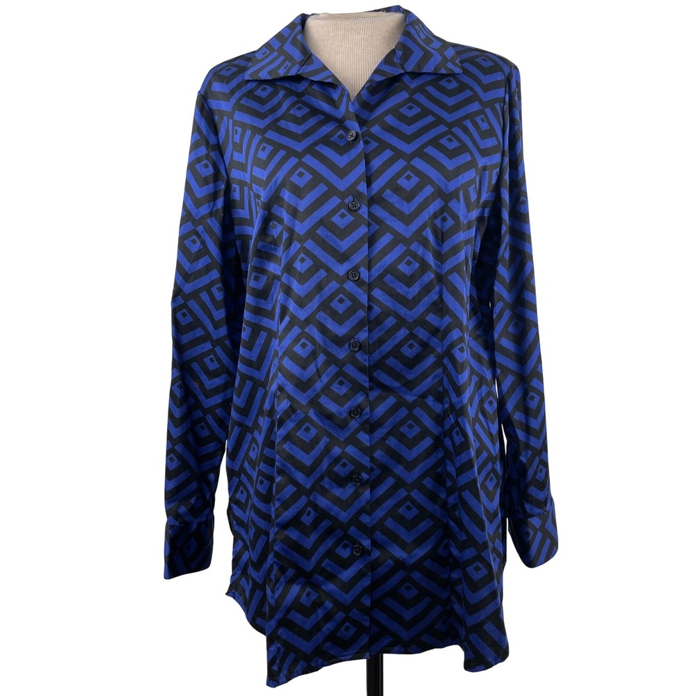 Chicos Blue Black Geometric Diamond‎ Button Down Shirt Size 1 Womens Long Sleeve